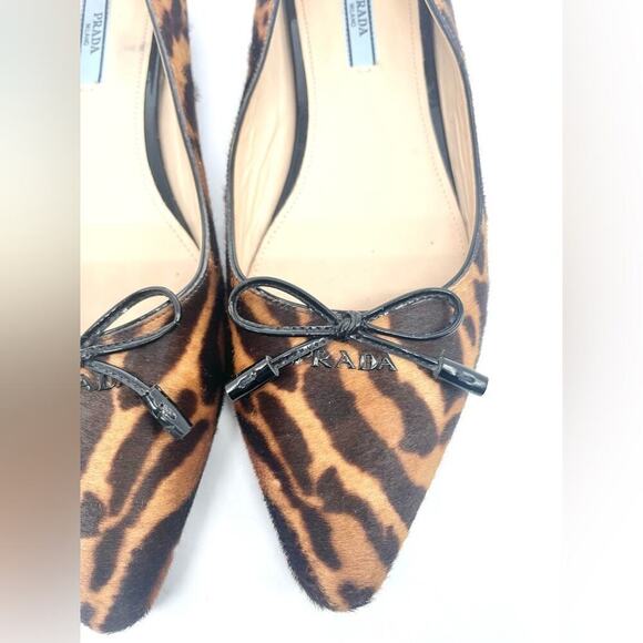 Prada Black Brown Leopard print calf hair Pointed toe ballet flats EU 37.5 - Picture 4 of 10